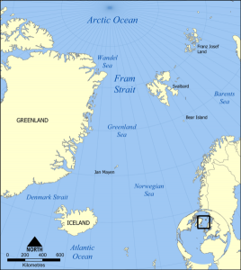 Rannsóknin fór fram í setlögum á botninum í Fram-sundi (Fram Strait). Mynd af Wikipedia.